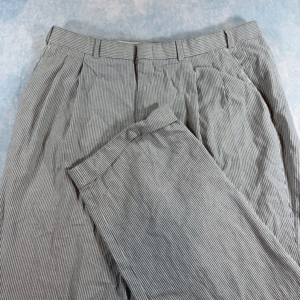 Brooks Brothers Trousers Mens 32x27 Blue White Seersucker Pleated Cuffed Pant EX